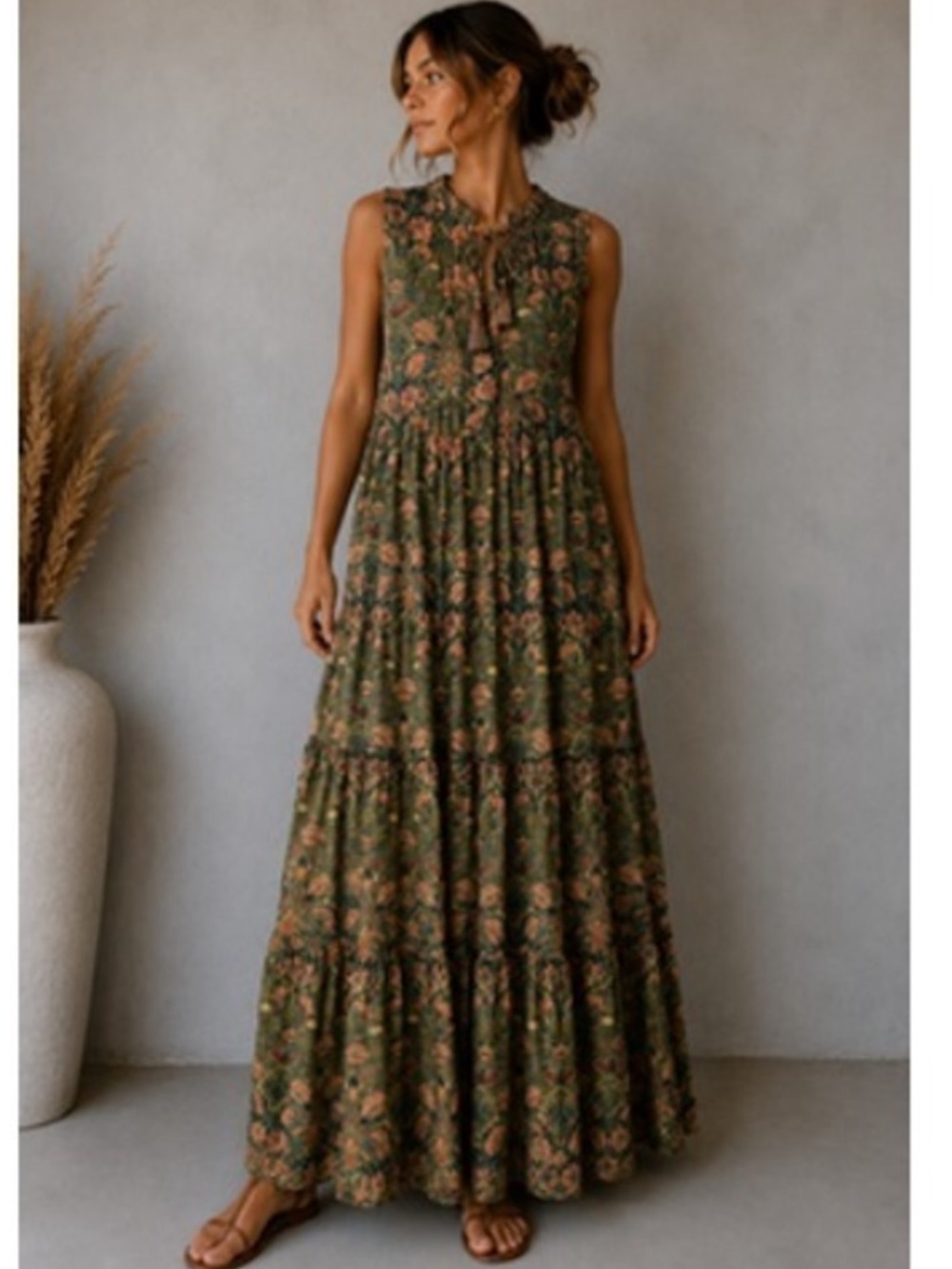 Natural Life Green Floral Metallic Lurex Tiered Maxi Dress Size Medium